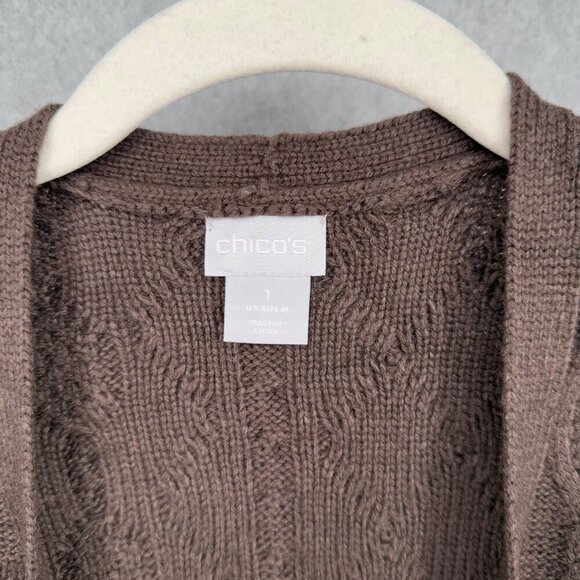 Chicos Cable Knit Open Front Long Line Cardigan Sweater Size 1 Medium Brown NEW - Picture 6 of 12